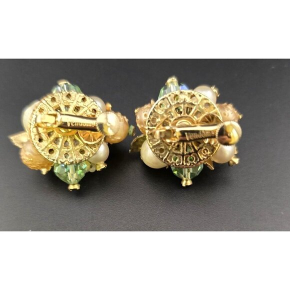Vntg Vendome Gold-Tone Clip-On Earrings Faux Pearls & Aurora Borealis STUNNING - Picture 3 of 7